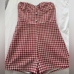 Red and White Plaid Romper with Pearl Buttons